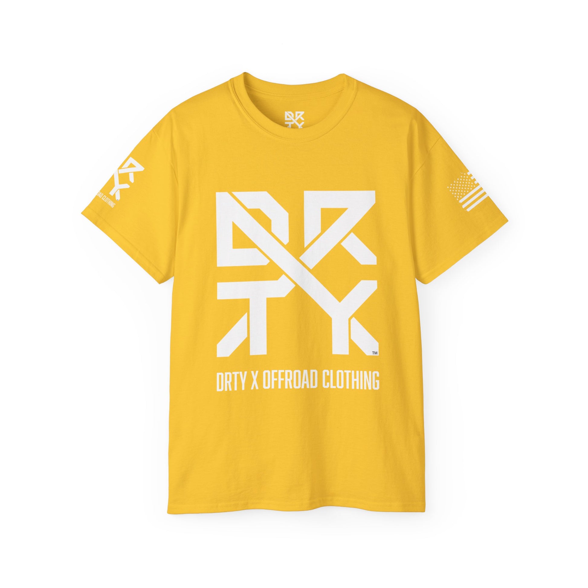 This image showcases the front view of a T-shirt with a DRTY X Logo on the center of the T Shirt and on the right sleeve. The right sleeve has an American flag