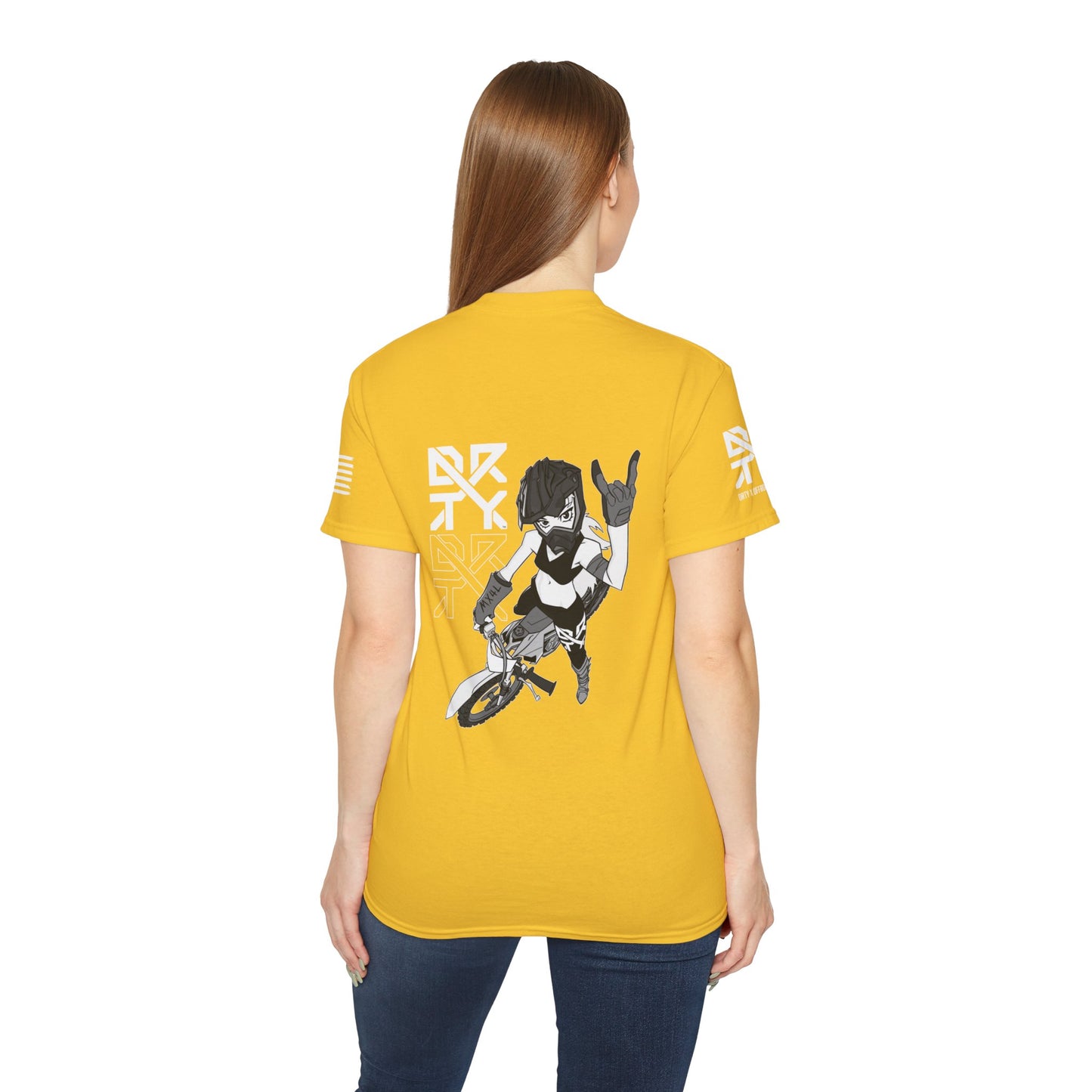 This image showcases the back view of a woman wearing a T-shirt with a motocross girl sitting on a dirt bike throwing up her horns with her left hand. The DRTY X Logo is to the left of the girl.