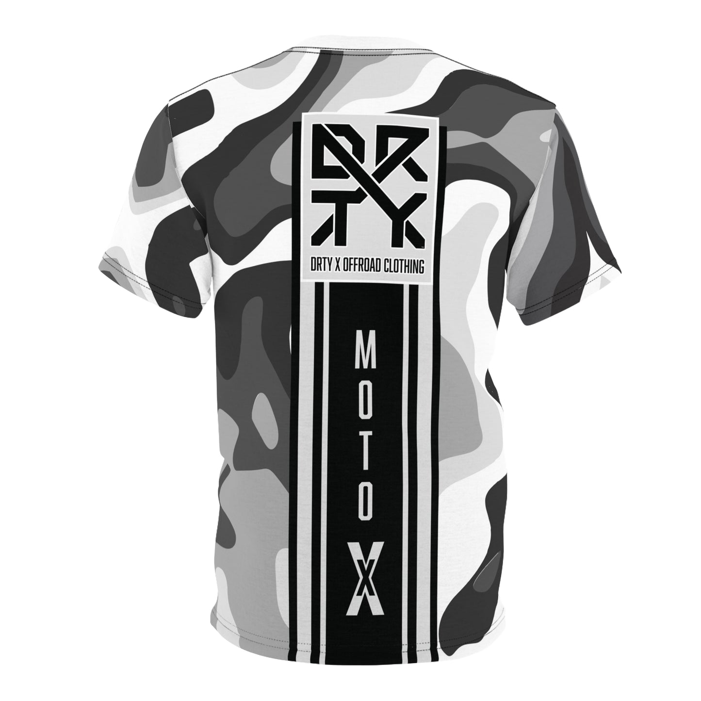 This image showcases a T-shirt with our logo and moto X text with stripes on the back over a camouflage pattern.