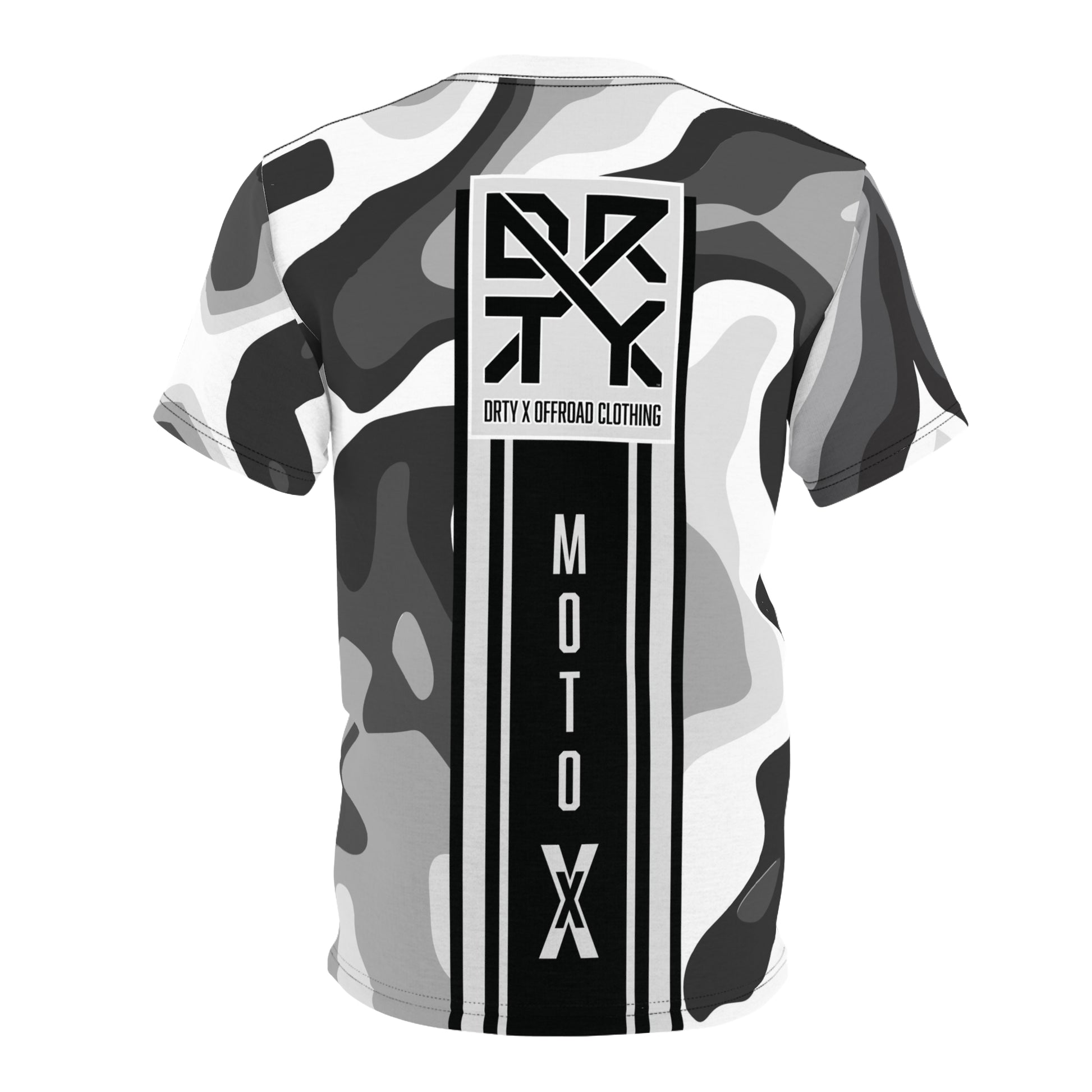 This image showcases a T-shirt with our logo and moto X text with stripes on the back over a camouflage pattern. 