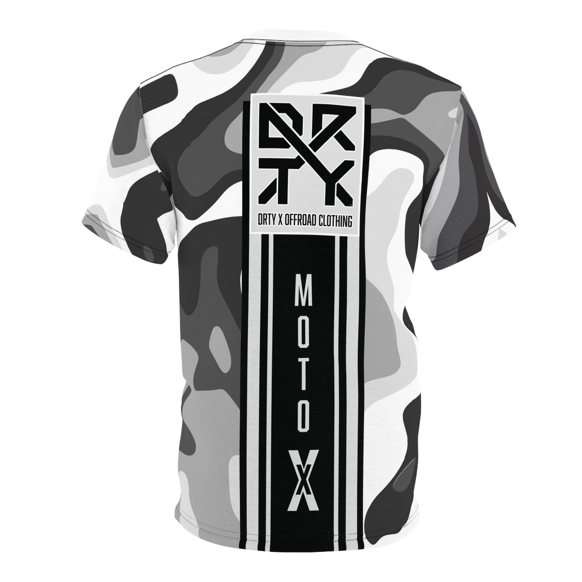 This image showcases a T-shirt with our logo and moto X text with stripes on the back over a camouflage pattern.