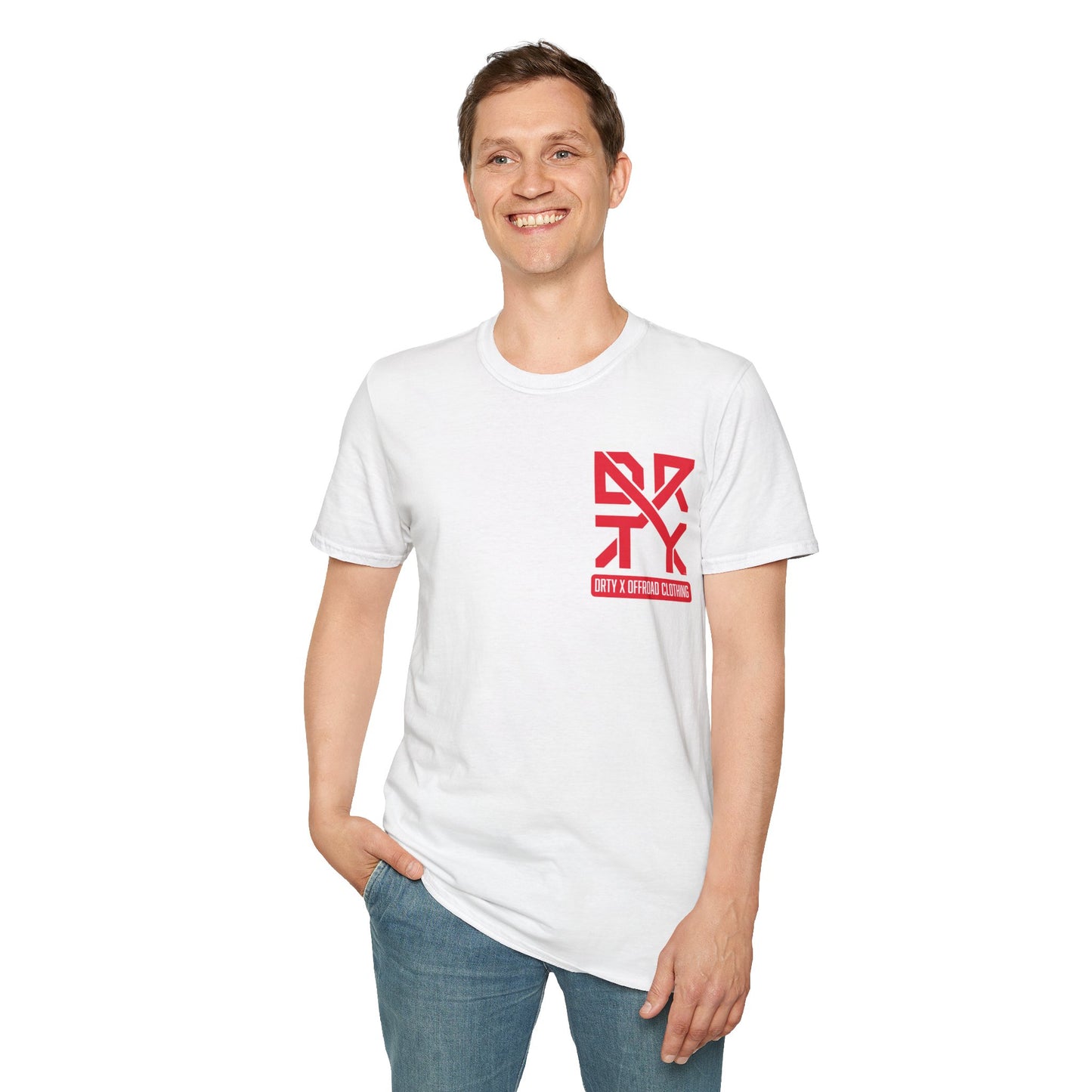 This image showcases a front view of a man wearing a T-shirt with a left front chest with a DRTY X logo.
