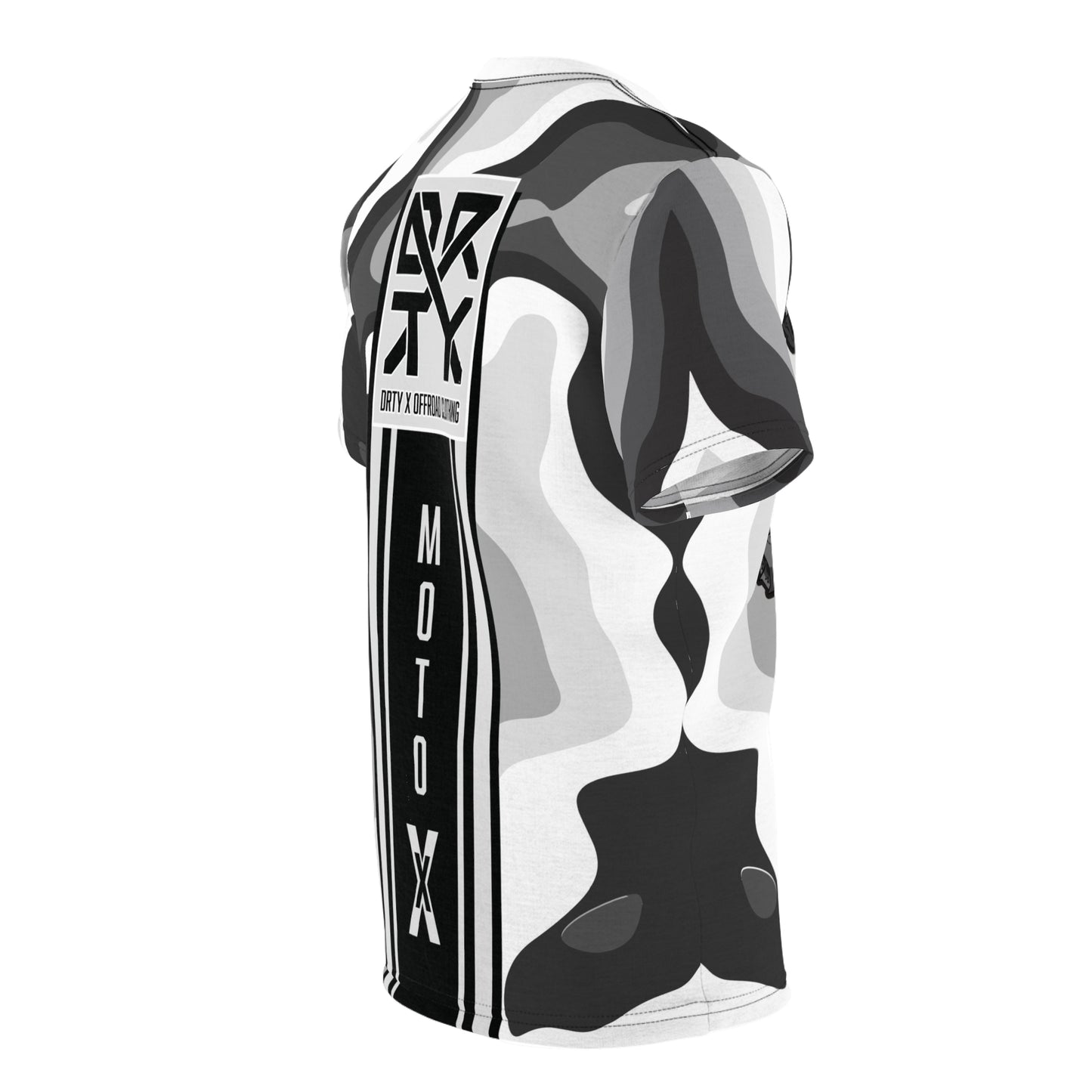 This image showcases a back angle T-shirt with our logo and moto X text with stripes on the back over a camouflage pattern.