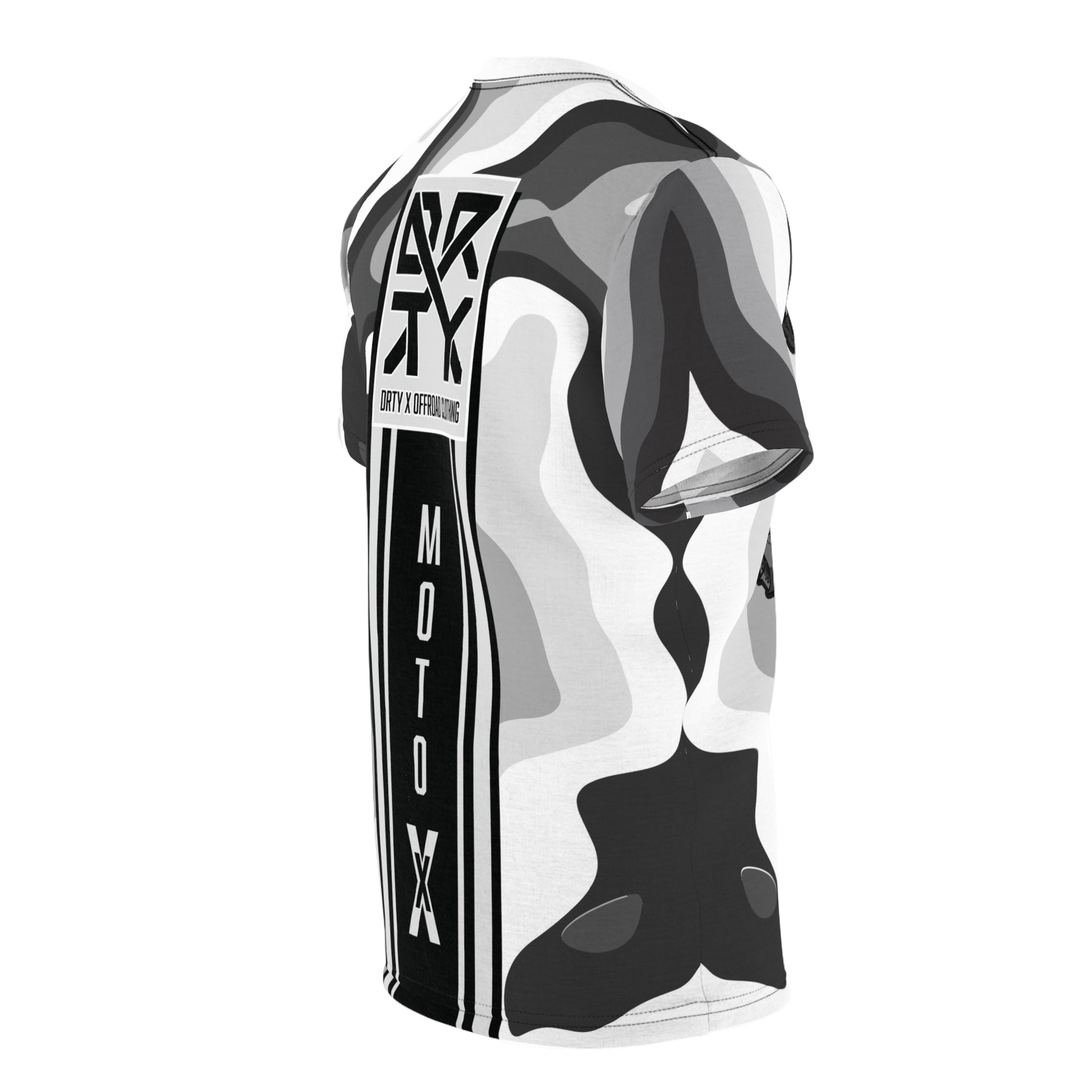 This image showcases a back angle T-shirt with our logo and moto X text with stripes on the back over a camouflage pattern.