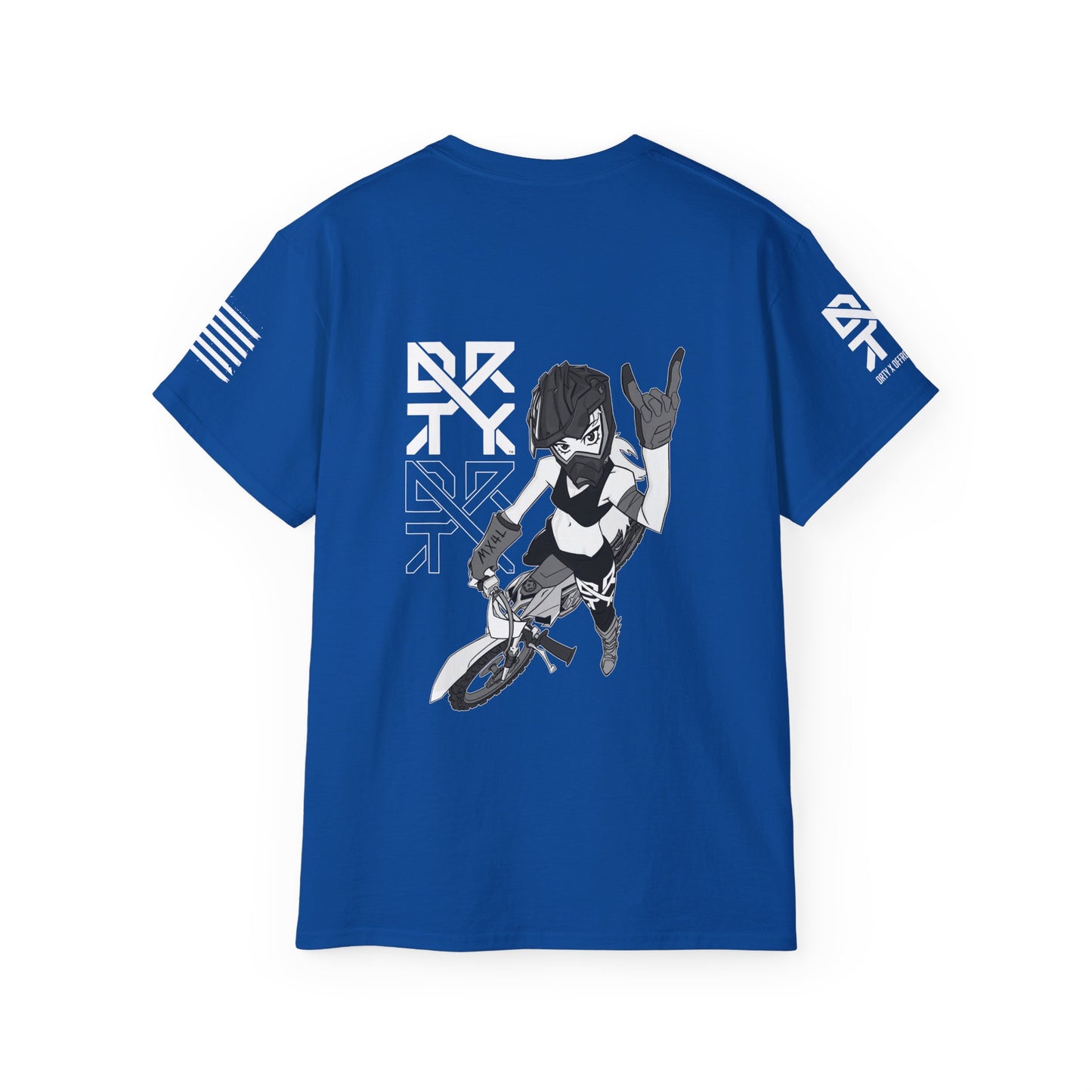 This image showcases a back view of a blue T Shirt with a motocross girl sitting on a dirt bike throwing up her horns with her left hand. The DRTY X Logo is to the left of the girl.