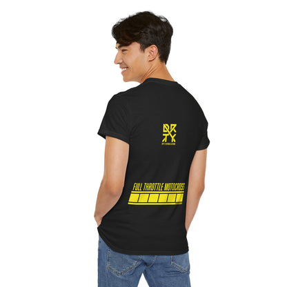 This image showcases a man and the back view of a T-shirt with a stripe and text that says Full throttle motocross. With a DRTY X Logo on the lower left of the T Shirt.