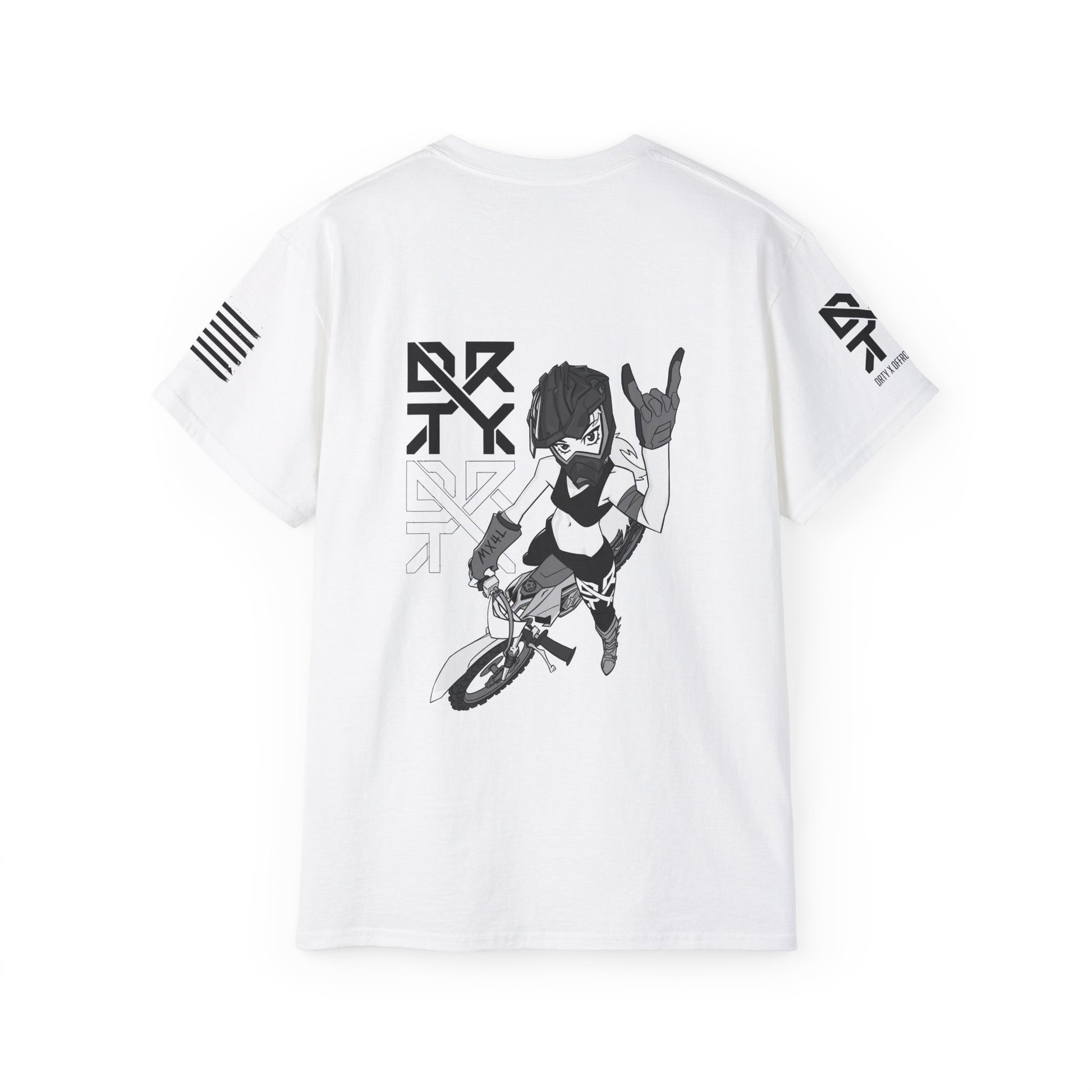 This image showcases a back view of a blue T Shirt with a motocross girl sitting on a dirt bike throwing up her horns with her left hand. The DRTY X Logo is to the left of the girl.