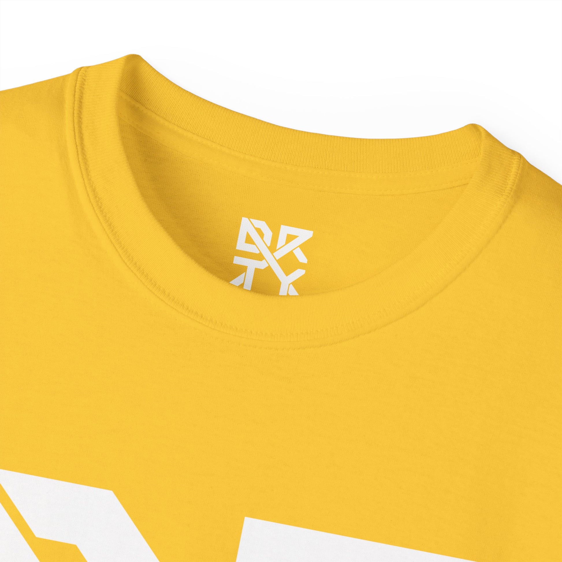 A view of the front of the shirt with a cropped DRTY X logo in the collar and front of the shirt.