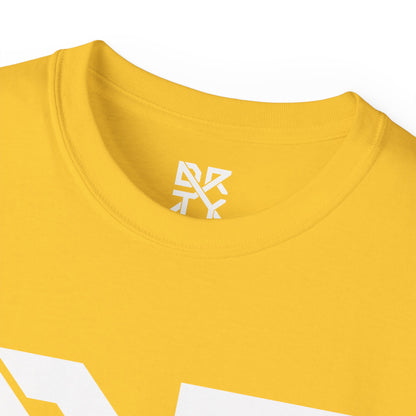 A view of the front of the shirt with a cropped DRTY X logo in the collar and front of the shirt.