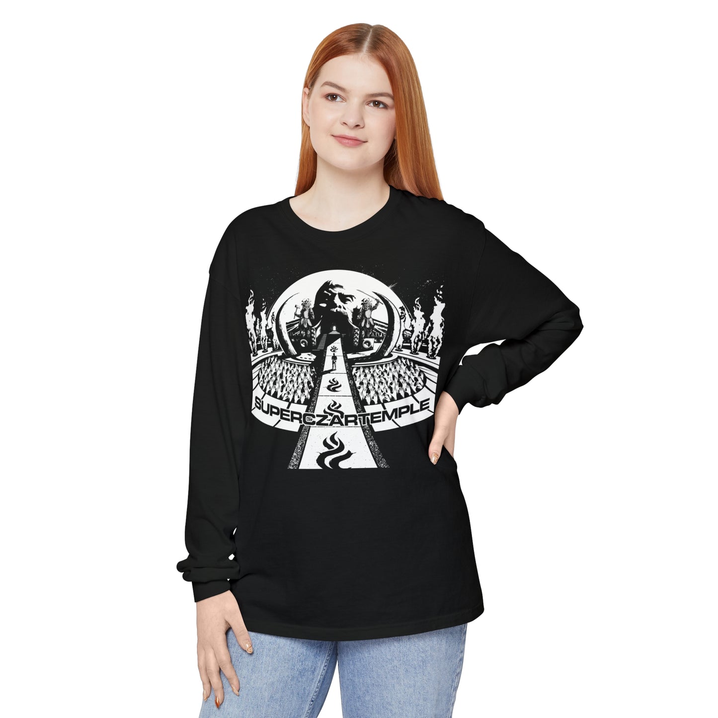 A woman wearing a superczartemple tshirt - featuring graphics by artist Bob Rissetto