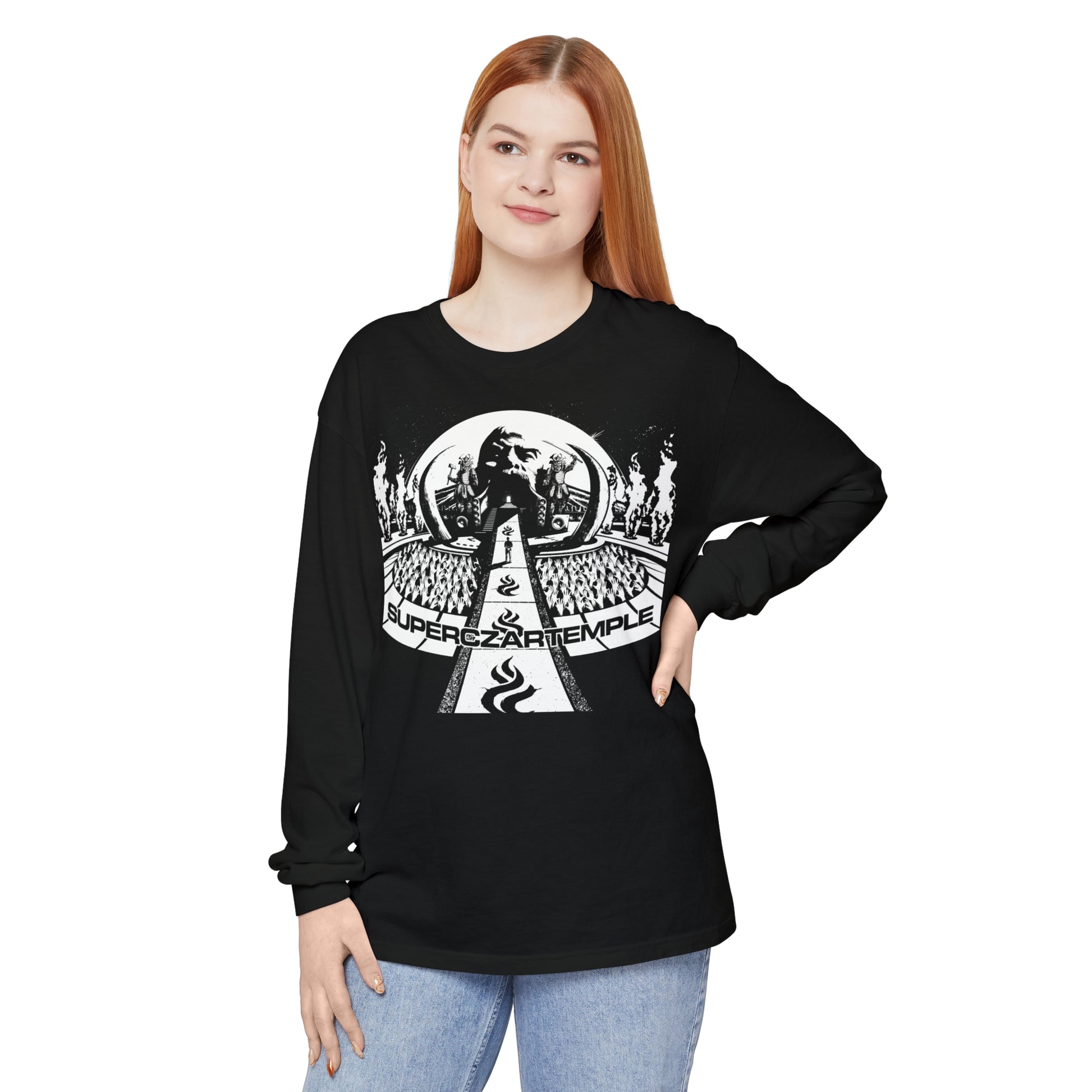 A woman wearing a superczartemple tshirt - featuring graphics by artist Bob Rissetto