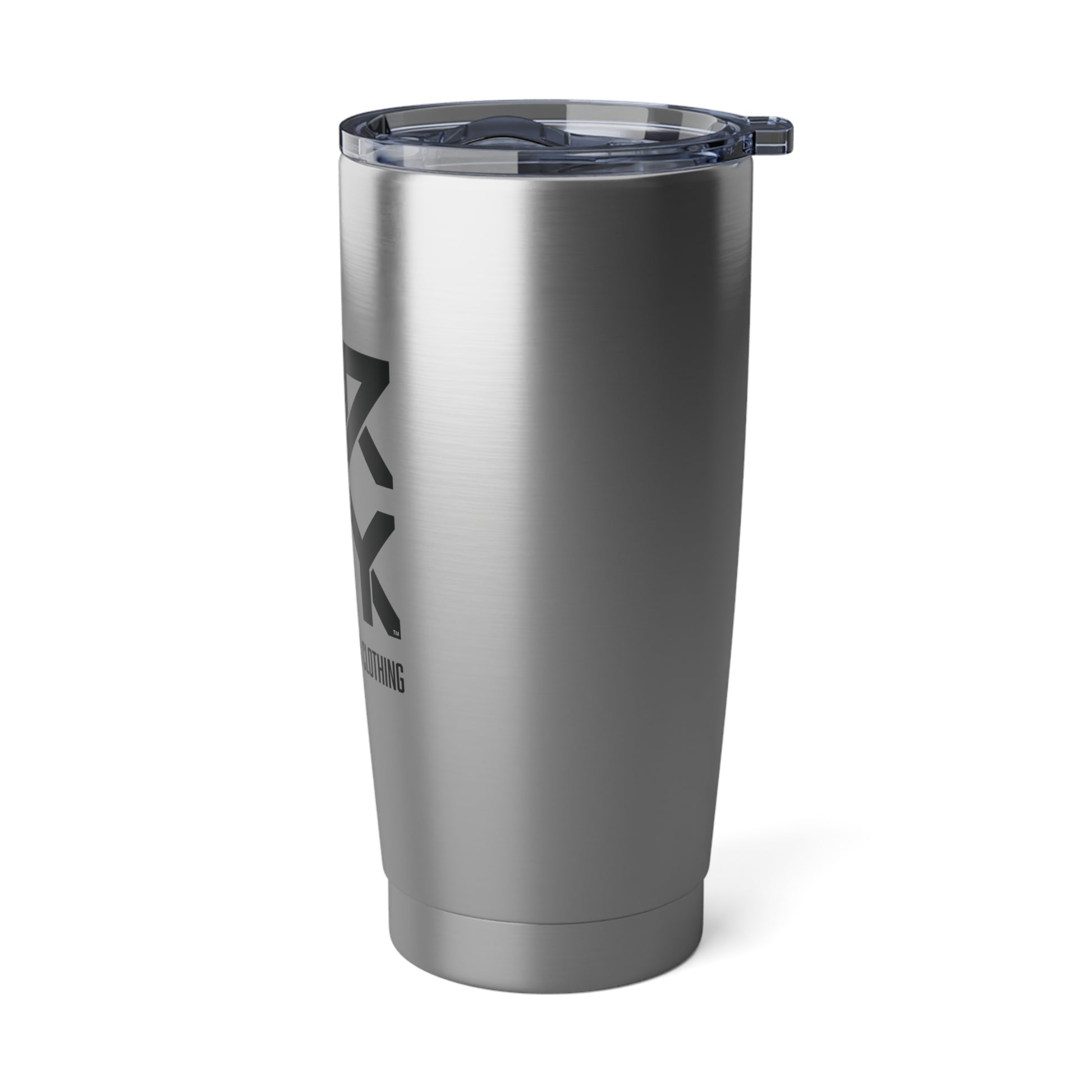 This is a side view of a cropped DRTY X branded stainless steel tumbler on a white background.