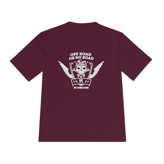 This image showcases the front view of a T-shirt with a skull with a helmet and wings with text that says offroad or no road, there is also a DRTY X logo on the lower left of the T-Shirt.