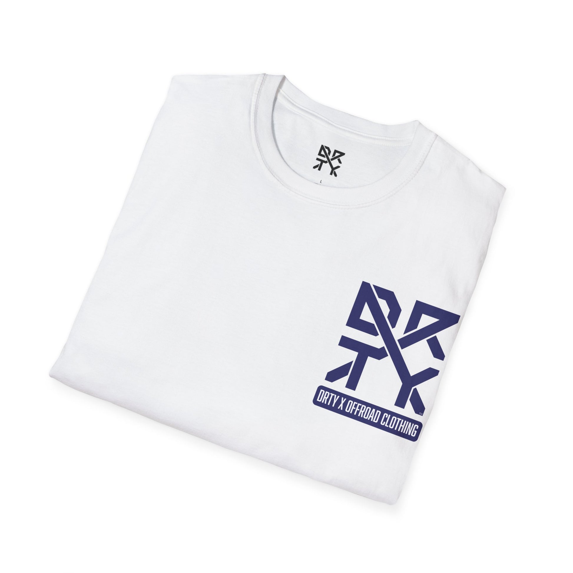 This image showcases a folded view of a T-shirt collar and left front chest with a DRTY X logo printed in both locations.