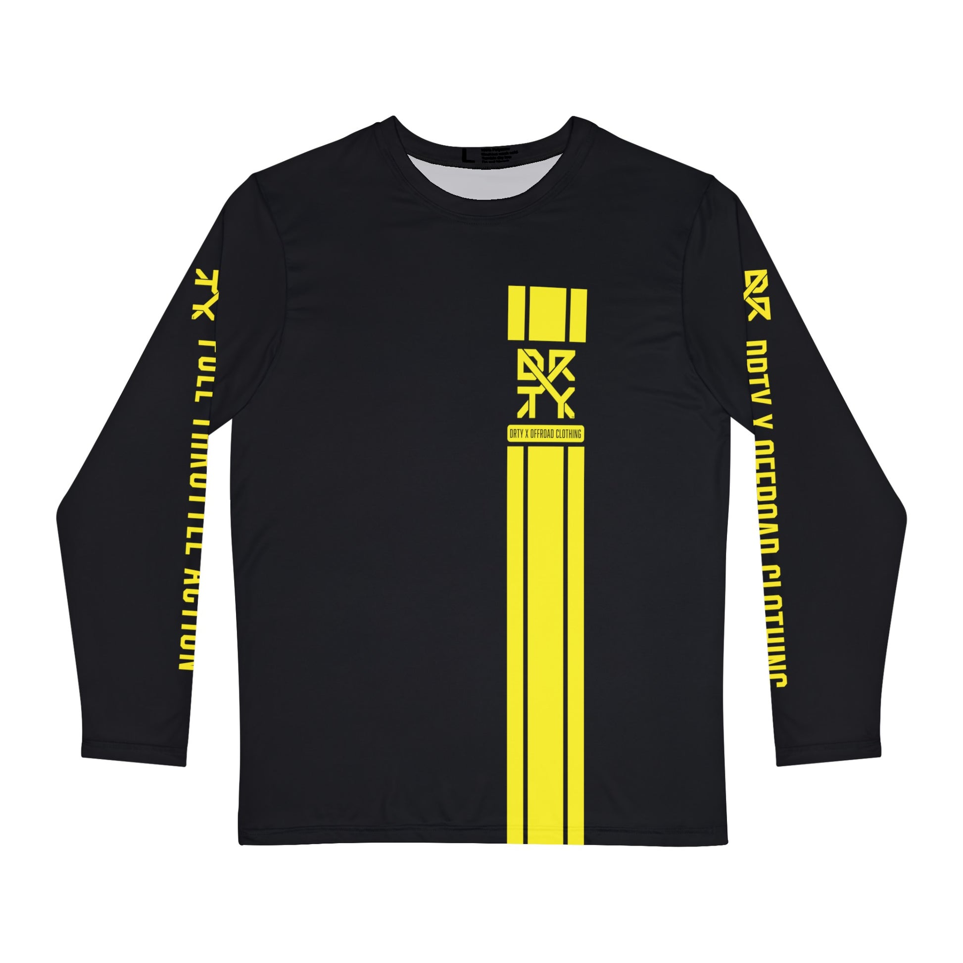 This image showcases the front view of a long sleeve shirt with a medium DRTY X Logo on the left side of the shirt with stripes.
