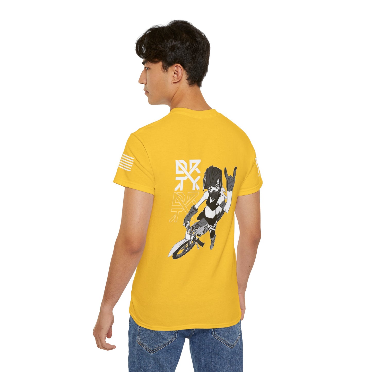 This image showcases the back view of a man wearing a T-shirt with a motocross girl sitting on a blue dirt bike throwing up her horns with her left hand. The DRTY X Logo is to the left of the girl.