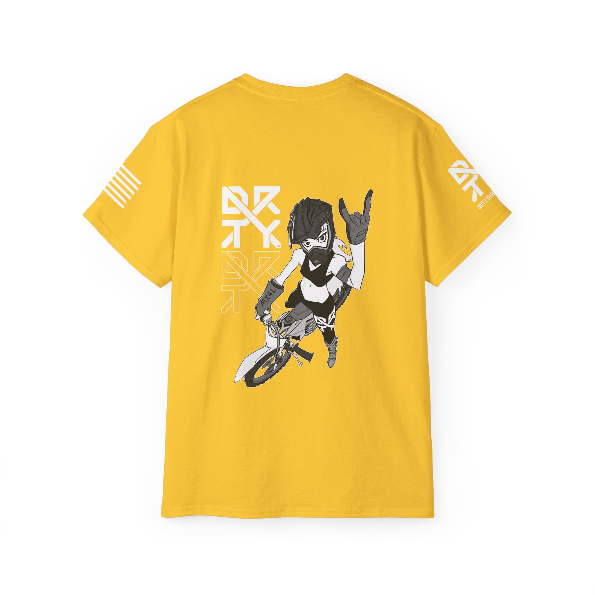This image showcases a back view of a blue T Shirt with a motocross girl sitting on a dirt bike throwing up her horns with her left hand. The DRTY X Logo is to the left of the girl.