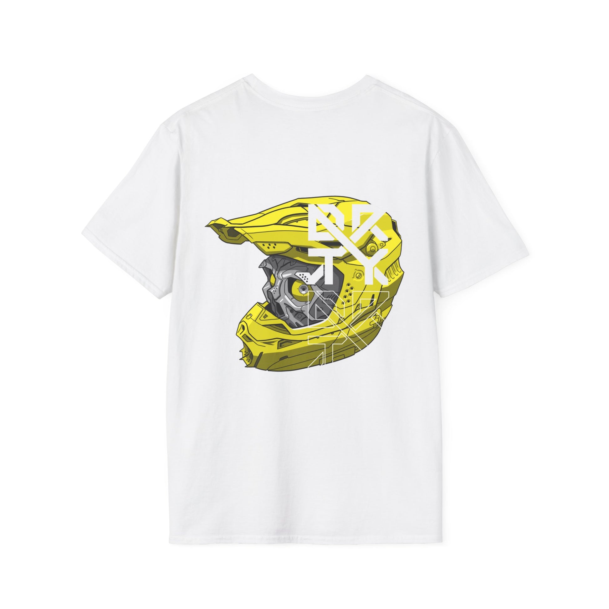This image showcases the back view of a T-shirt with a cyber skull inside of a motocross helmet with a DRTY X logo on the helmet.
