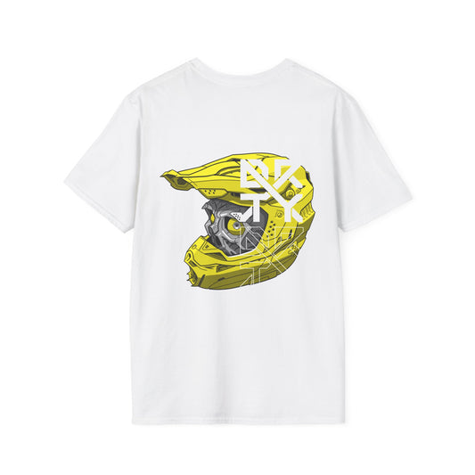 This image showcases the back view of a T-shirt with a cyber skull inside of a motocross helmet with a DRTY X logo on the helmet.