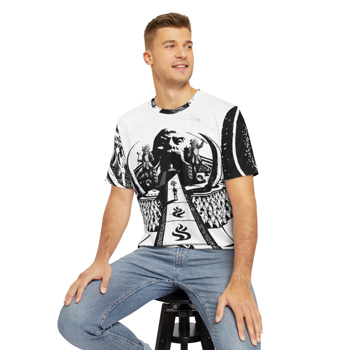 Man wearing superczartemple tshirt with full body graphics - with inked graphics by artist D.E.C. (Davide Edoardo Cassano) on back, and vector graphics by artist Bob Rissetto on front