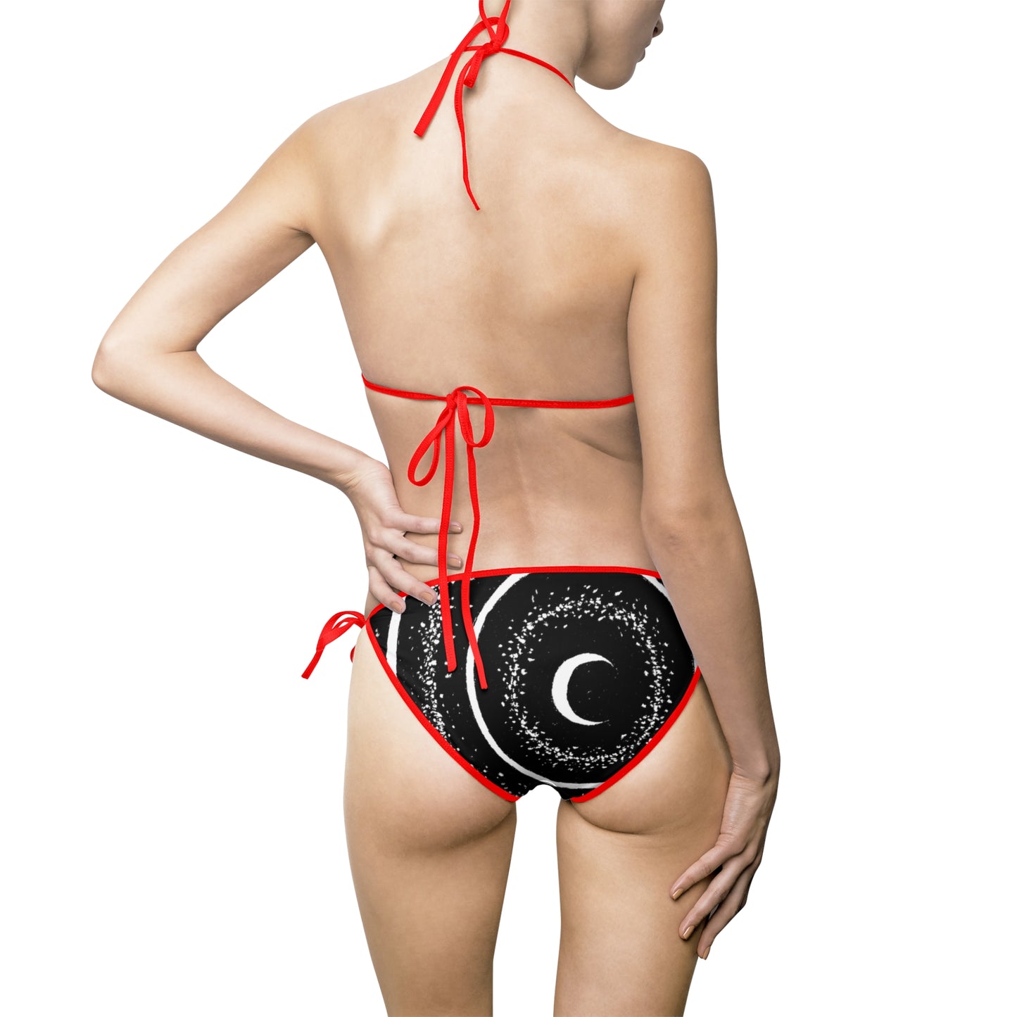 An attractive woman wearing a superczartemple bikini with black trim, back view