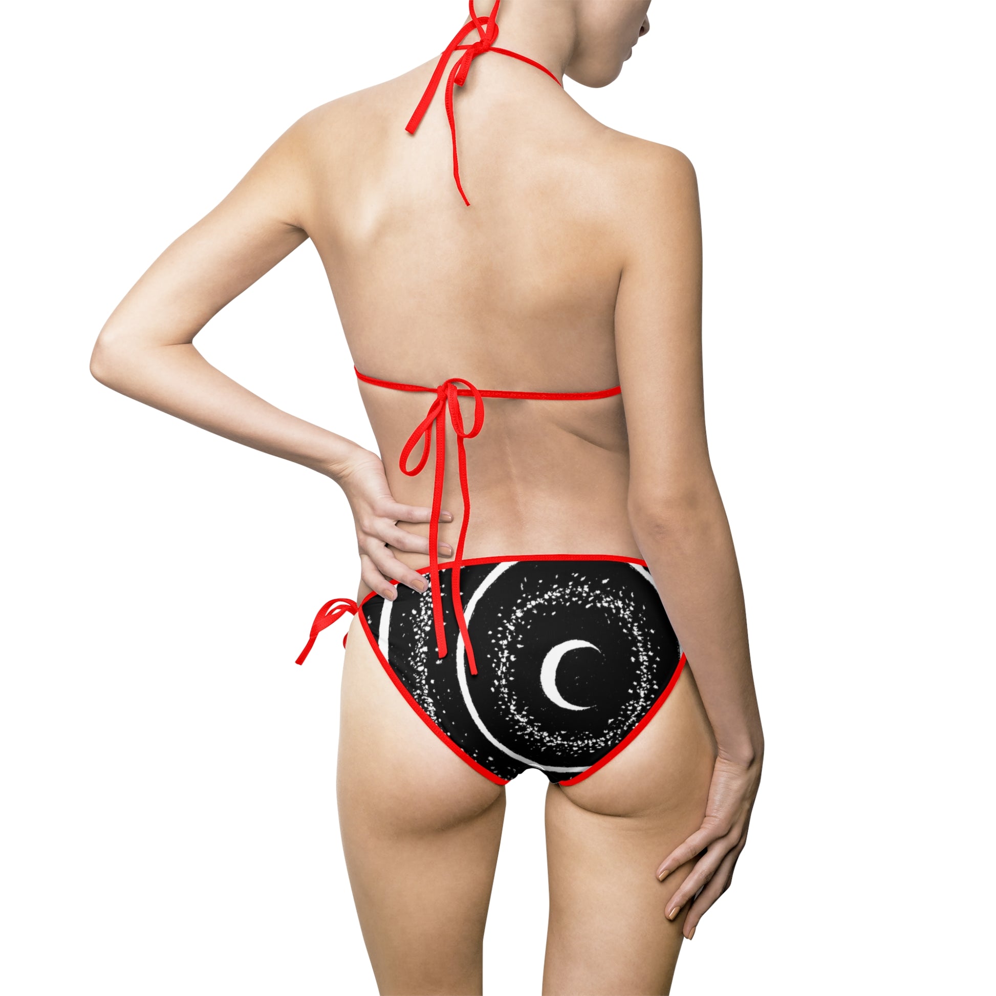 An attractive woman wearing a superczartemple bikini with black trim, back view