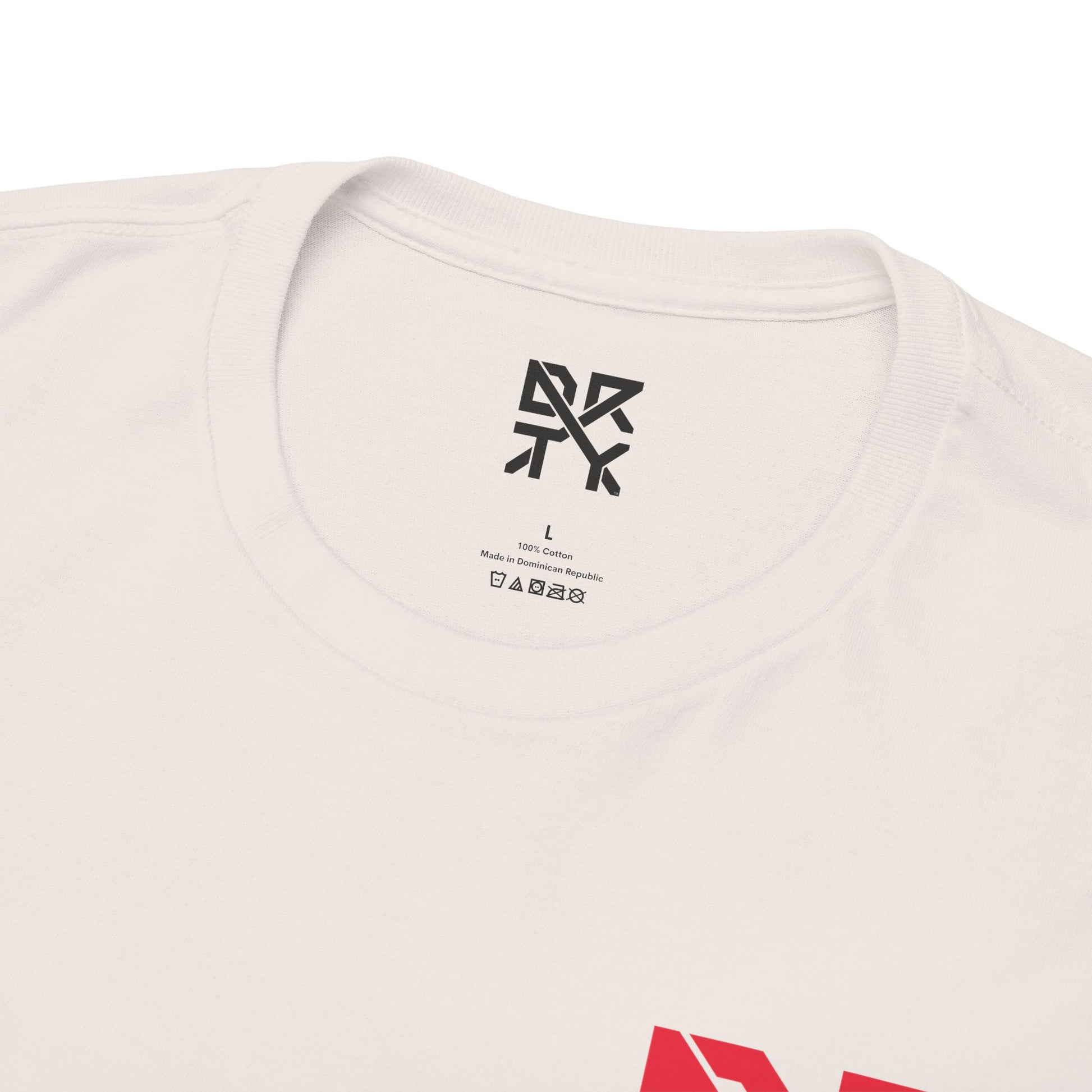 This image showcases the inside view of a T-shirt collar with a DRTY X logo printed on the inside.
