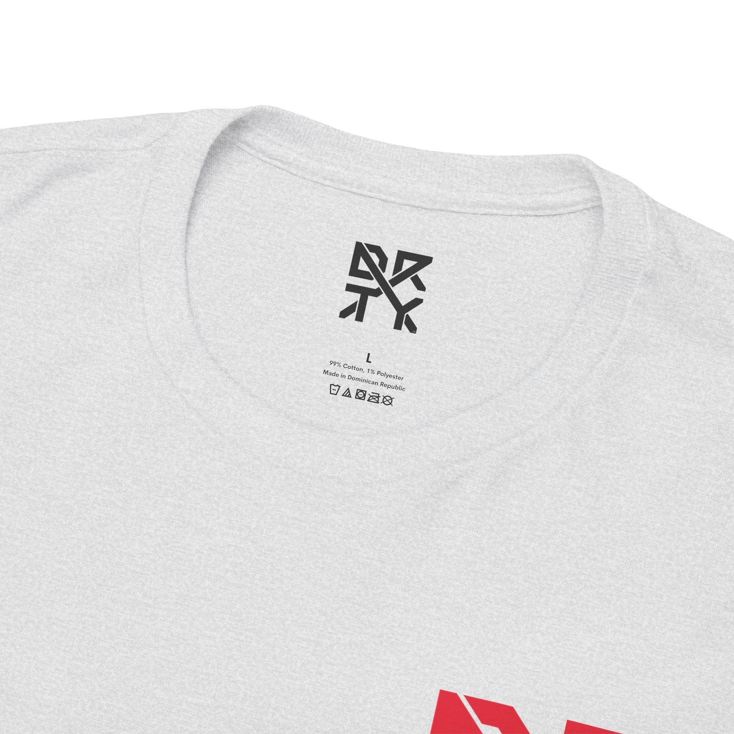 This image showcases the inside view of a T-shirt collar with a DRTY X logo printed on the inside.