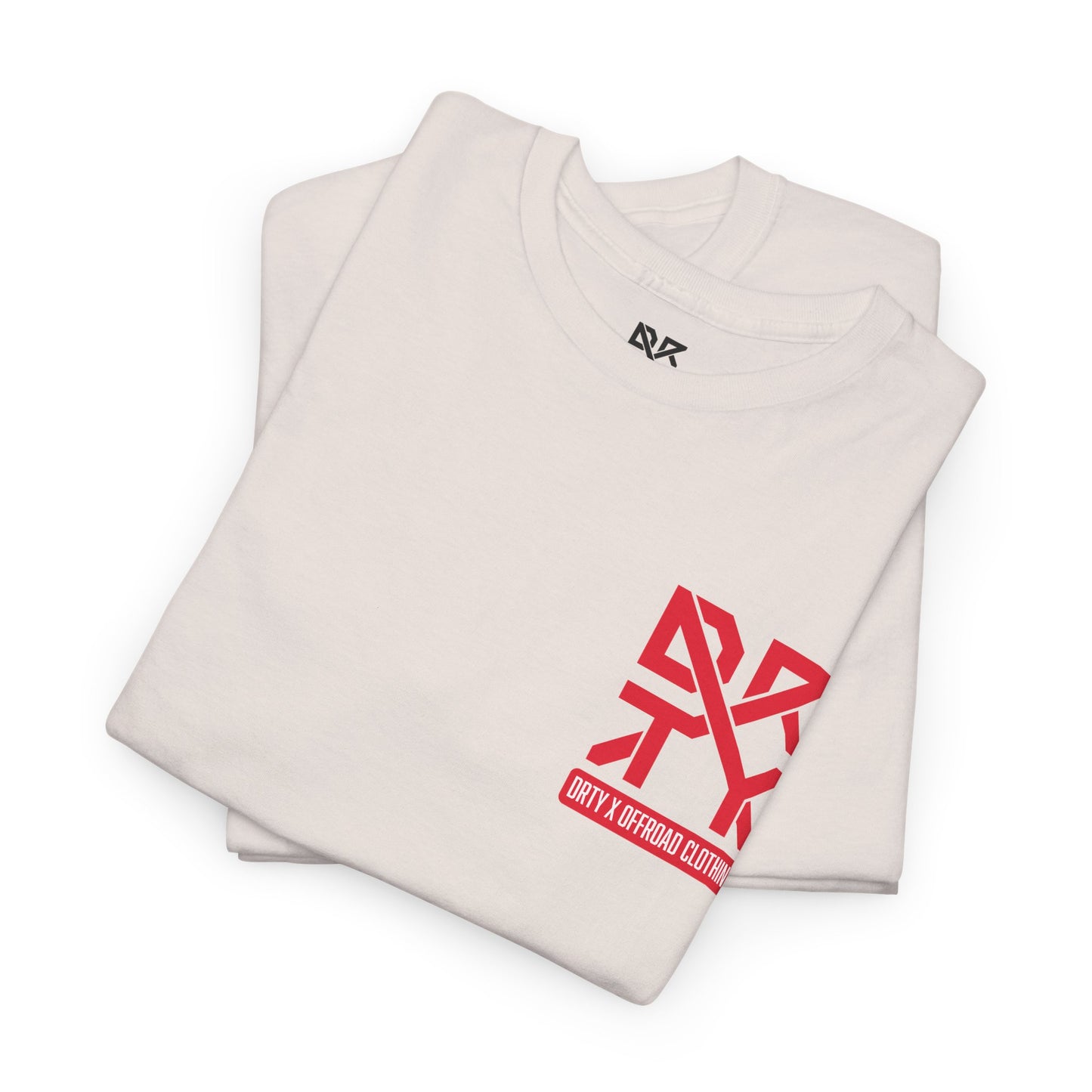 This image showcases a folded view of a T-shirt collar and left front chest with a DRTY X logo printed in both locations.