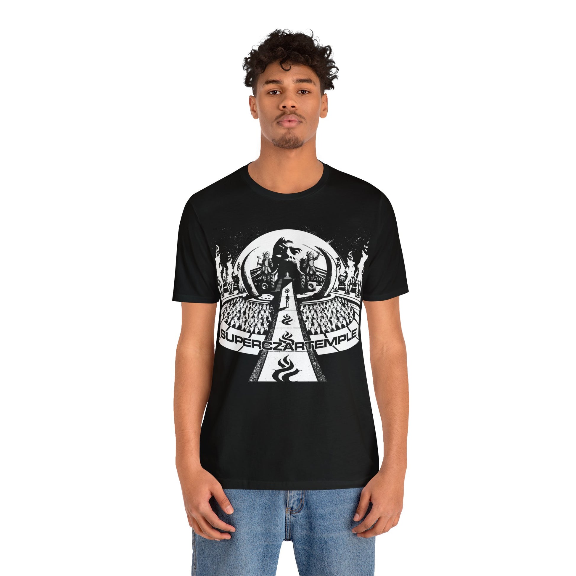 A man wearing a superczartemple tshirt - featuring graphics by artist Bob Rissetto