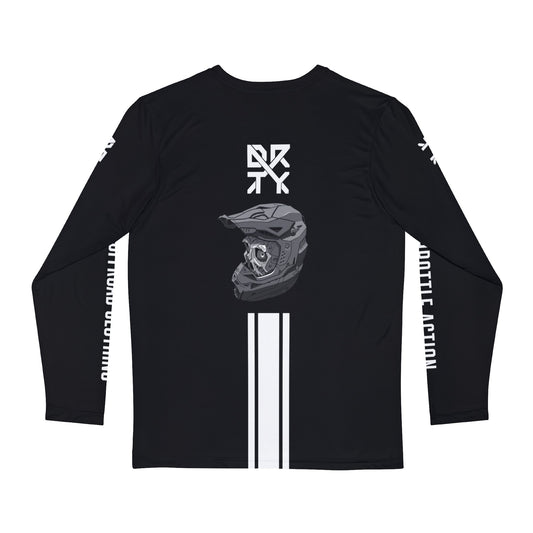 This image showcases the back view of a a long sleeve shirt with a medium DRTY X Logo on the top middle over a skull with a helmet above the stripes.