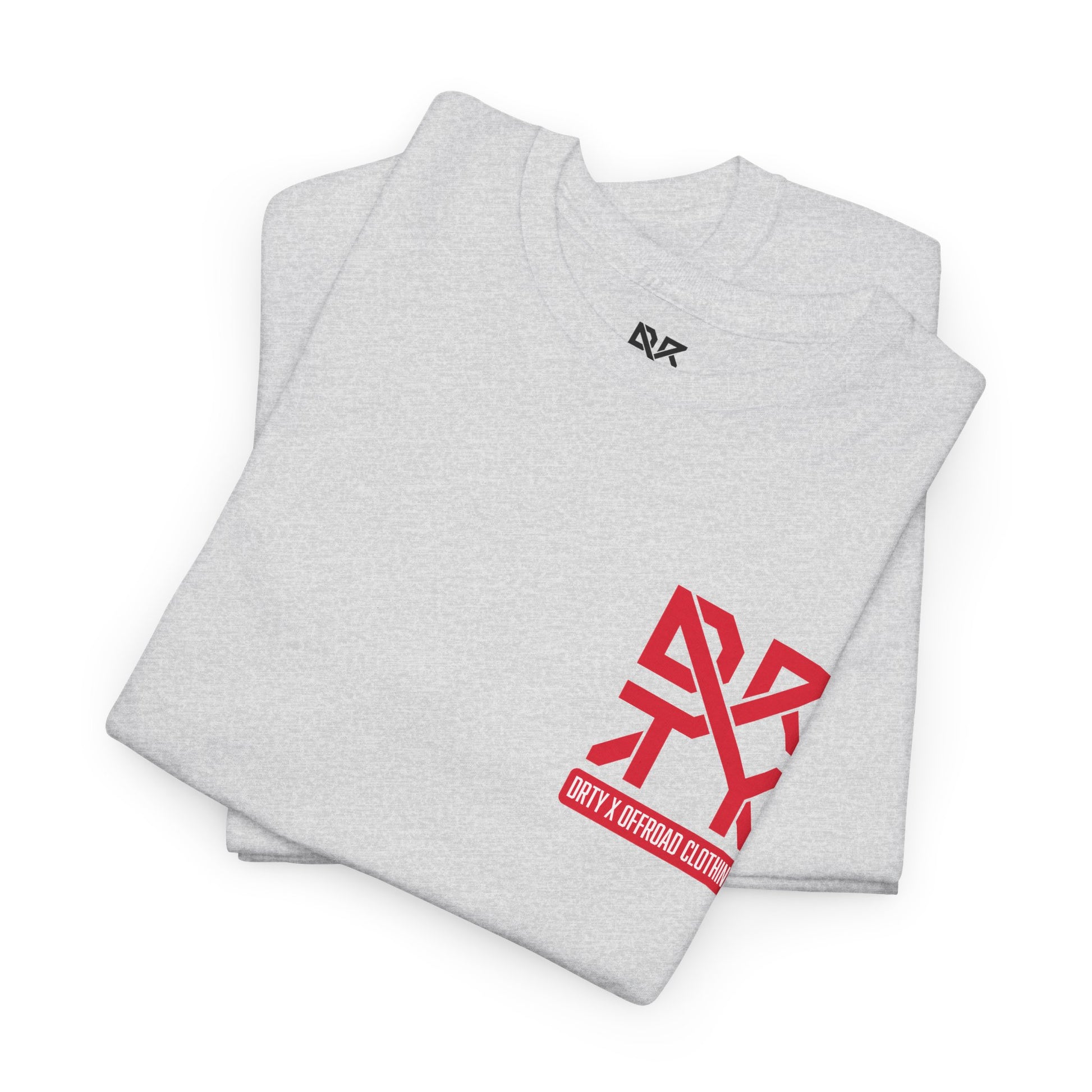 This image showcases a folded view of a T-shirt collar and left front chest with a DRTY X logo printed in both locations.