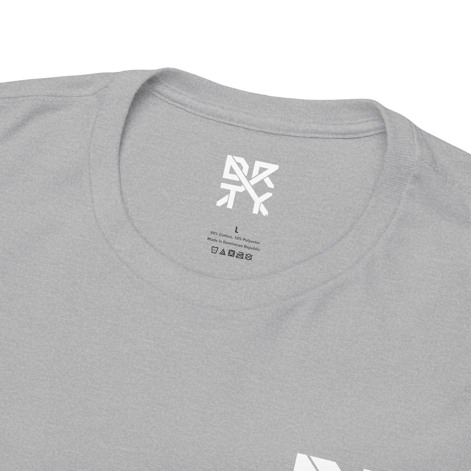 This image showcases the inside view of a T-shirt collar with a DRTY X logo printed on the inside.