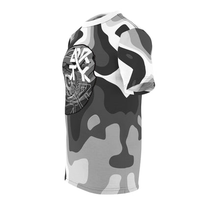 This image showcases a side view of a T-shirt with our offroad cyber skull helmet design on a camouflage pattern. The shirt features a stylized offroad helmet adorned with the letters “DRTYX.” The overall design is set against a grey and black camouflage background, creating a fashionable and urban look.
