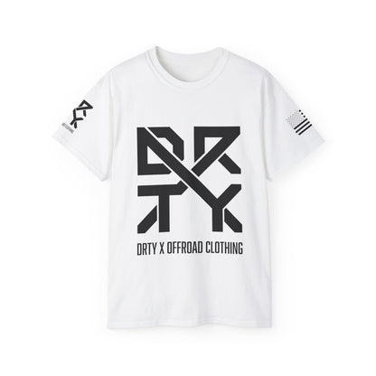 This image showcases the front view of a T-shirt with a DRTY X Logo on the center of the T Shirt and on the right sleeve. The right sleeve has an American flag.