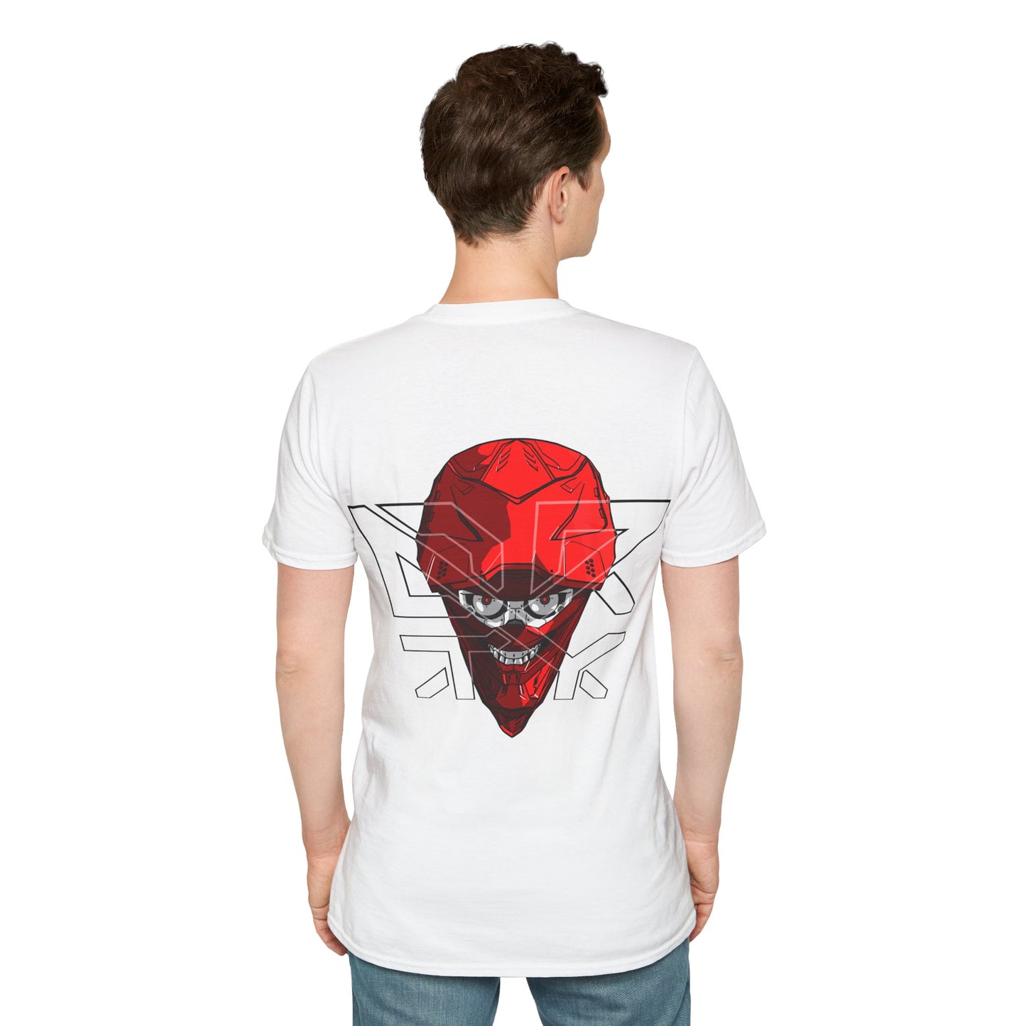 This image showcases a man wearing a back view of a T-shirt with the front view of a cyber skull inside of a motocross helmet, with a DRTY X logo over the helmet.