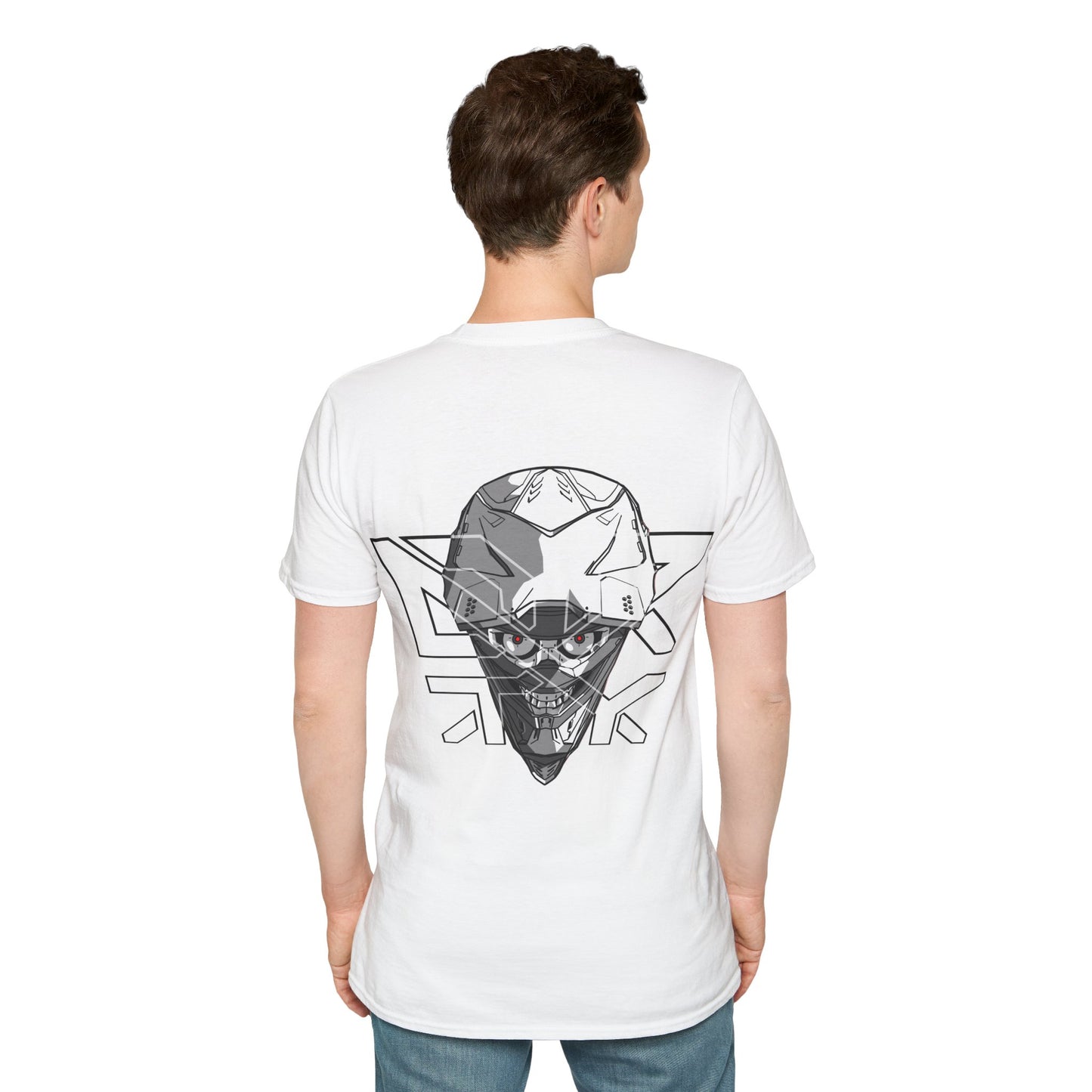 This image showcases a man wearing a back view of a T-shirt with the front view of a cyber skull inside of a motocross helmet, with a DRTY X logo over the helmet.