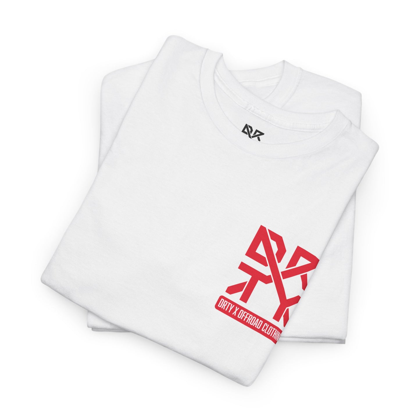 This image showcases a folded view of a T-shirt collar and left front chest with a DRTY X logo printed in both locations.