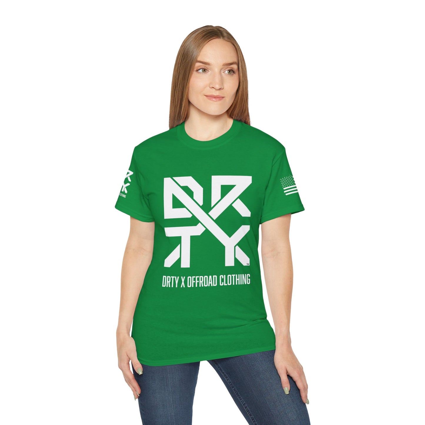 This image showcases the front view of a woman wearing a T-shirt with a DRTY X Logo on the center of the T Shirt and on the right sleeve. The right sleeve has an American flag.