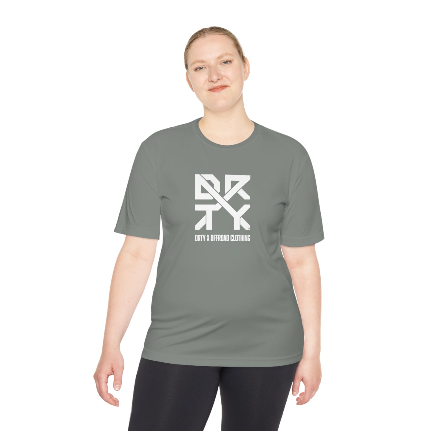 This image showcases the front view of a woman wearing a T-shirt with a large DRTY X Logo on the center of the shirt.