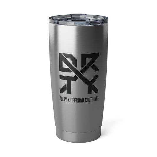 This is a view of a DRTY X branded stainless steel tumbler on a white background.