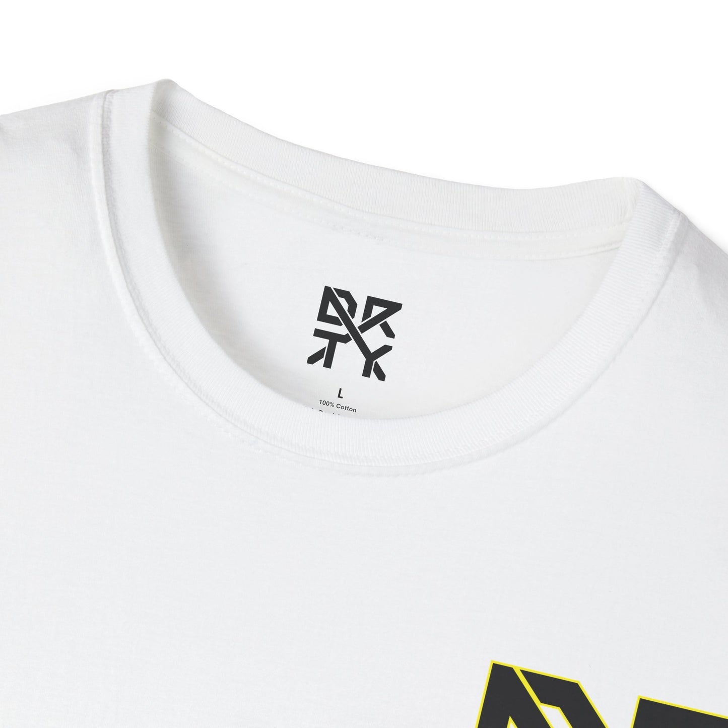 This image showcases the inside view of a T-shirt collar with a DRTY X logo printed on the inside.