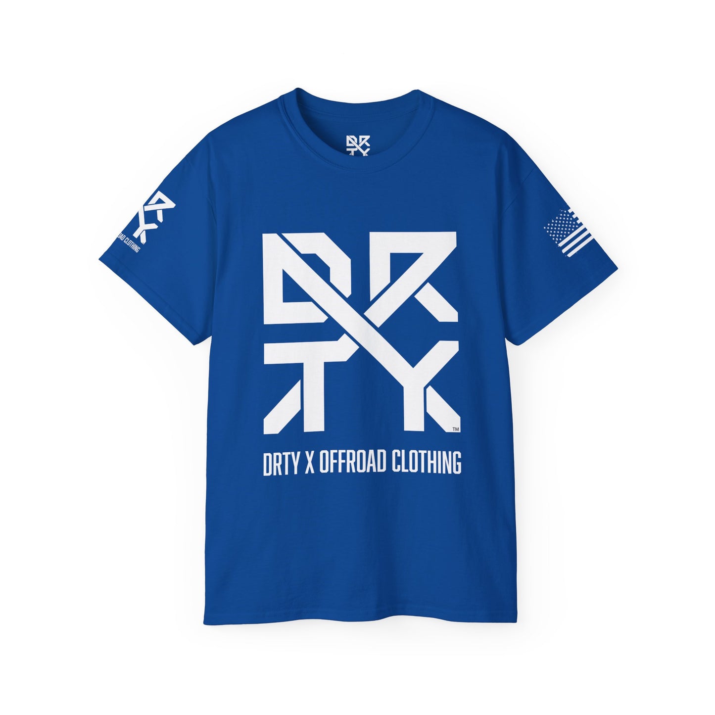 This image showcases the front view of a T-shirt with a DRTY X Logo on the center of the T Shirt and on the right sleeve. The right sleeve has an American flag