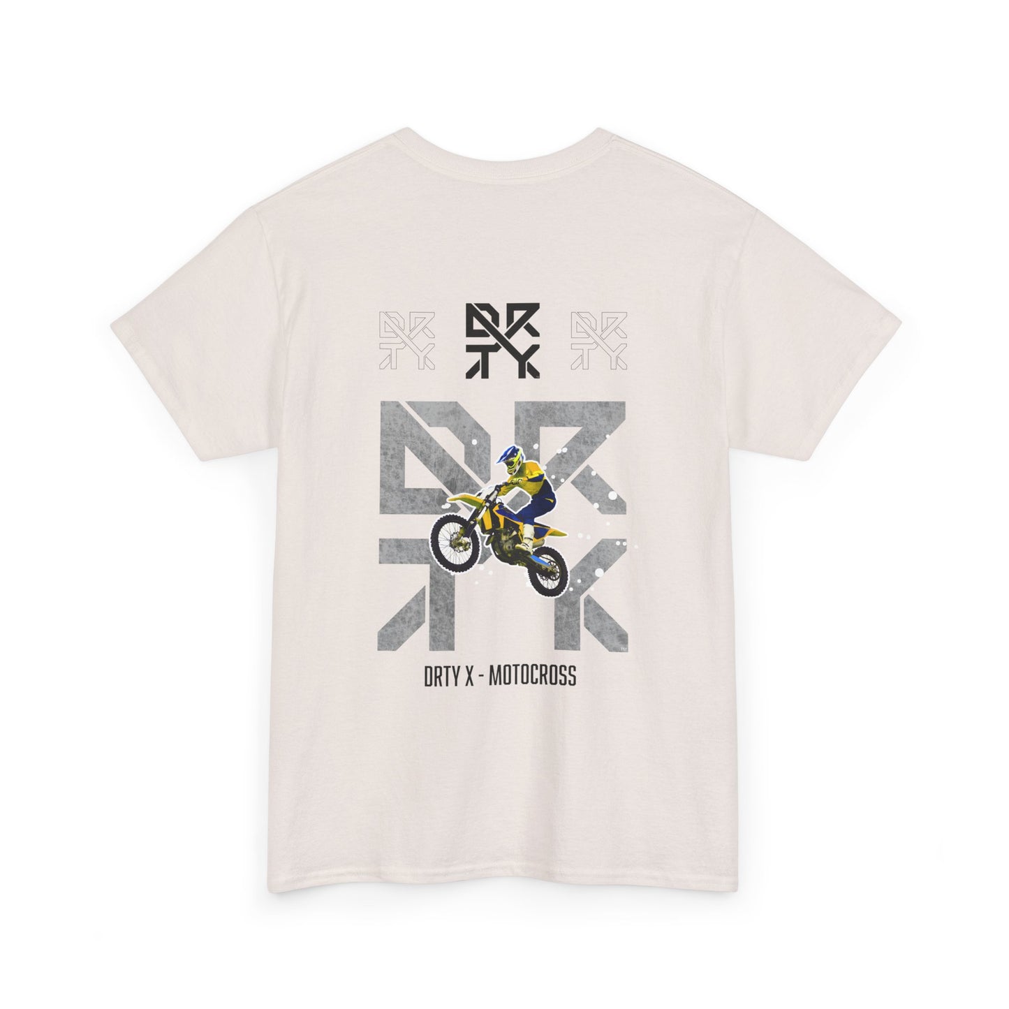This image showcases the back view of a T-shirt with a motocross bike jumping over top of a DRTY X logo on the middle top and center back, with text below that says DRTY X motocross.