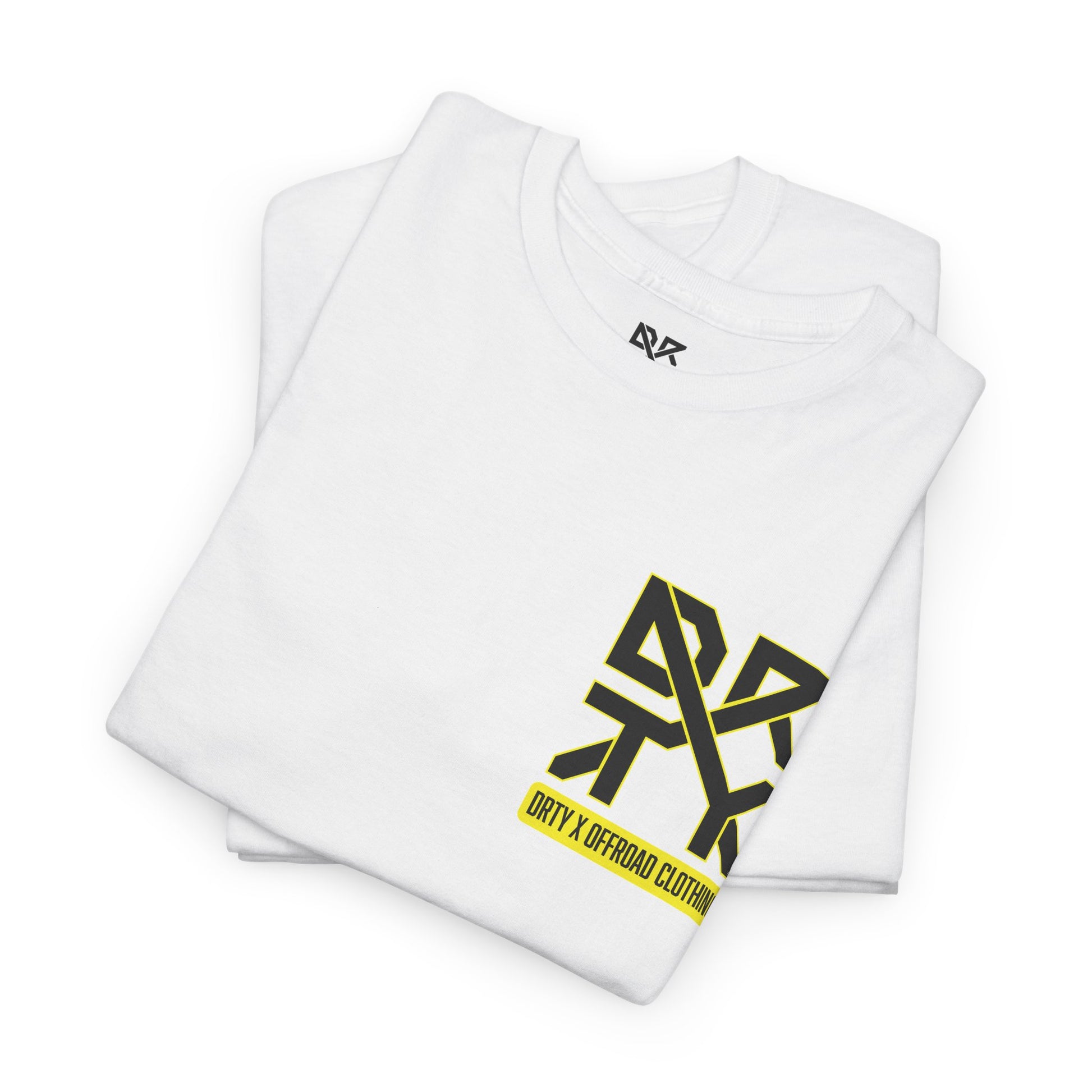 This image showcases a folded view of a T-shirt collar and left front chest with a DRTY X logo printed in both locations.