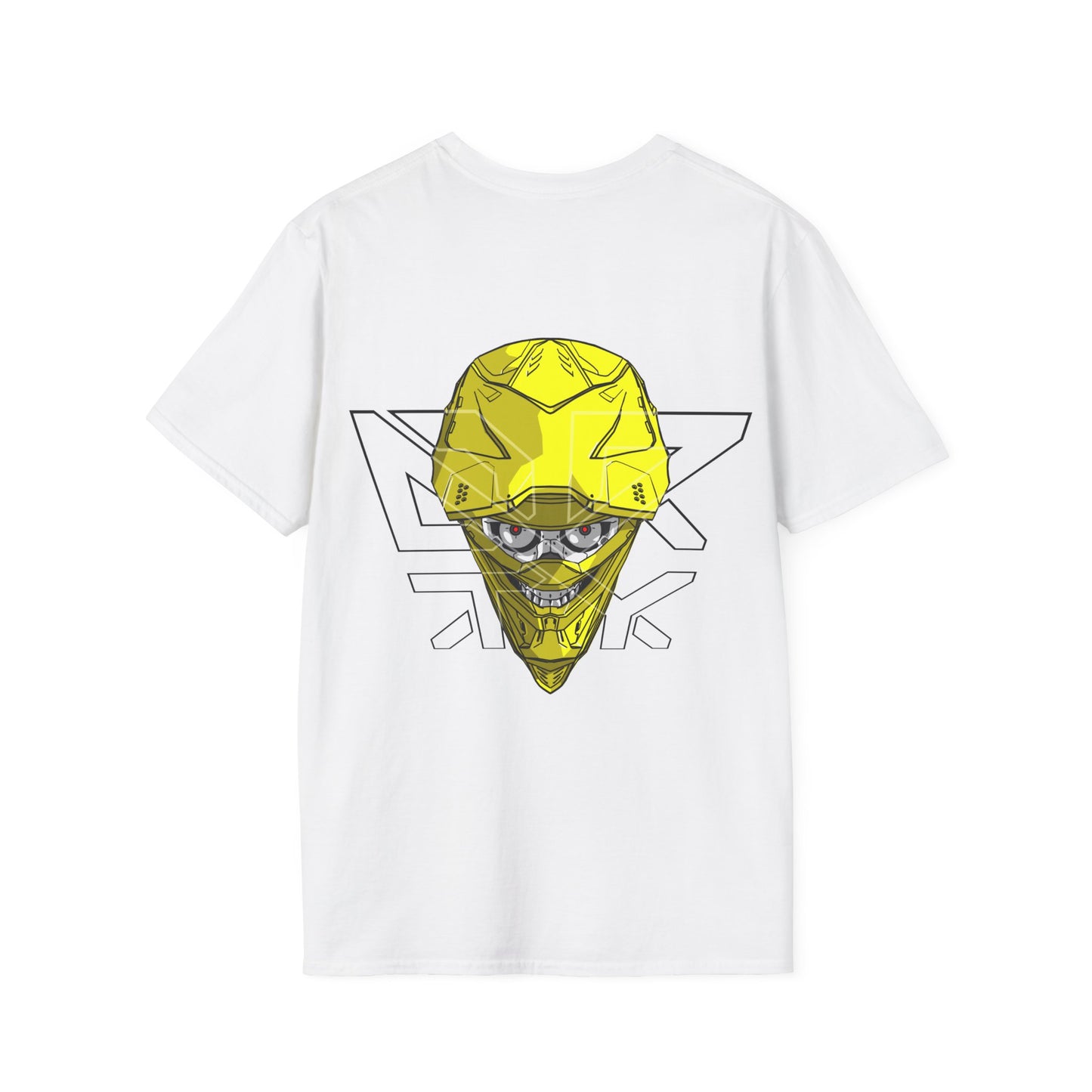 This image showcases the back view of a T-shirt with a front view of a cyber skull inside of a motocross helmet with a DRTY X logo over the helmet.