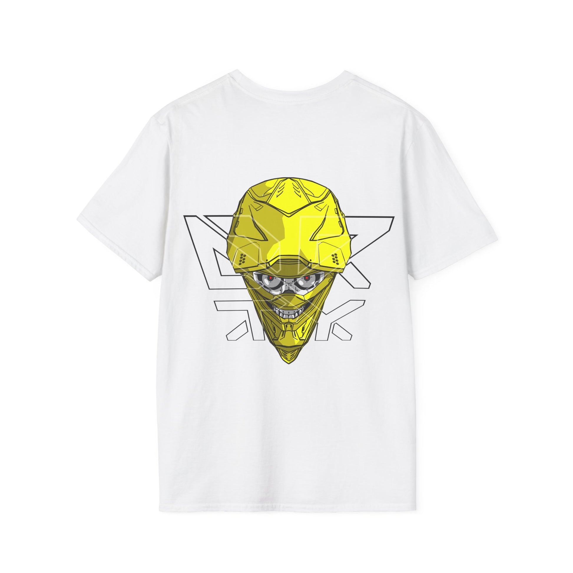 This image showcases the back view of a T-shirt with a front view of a cyber skull inside of a motocross helmet with a DRTY X logo over the helmet.