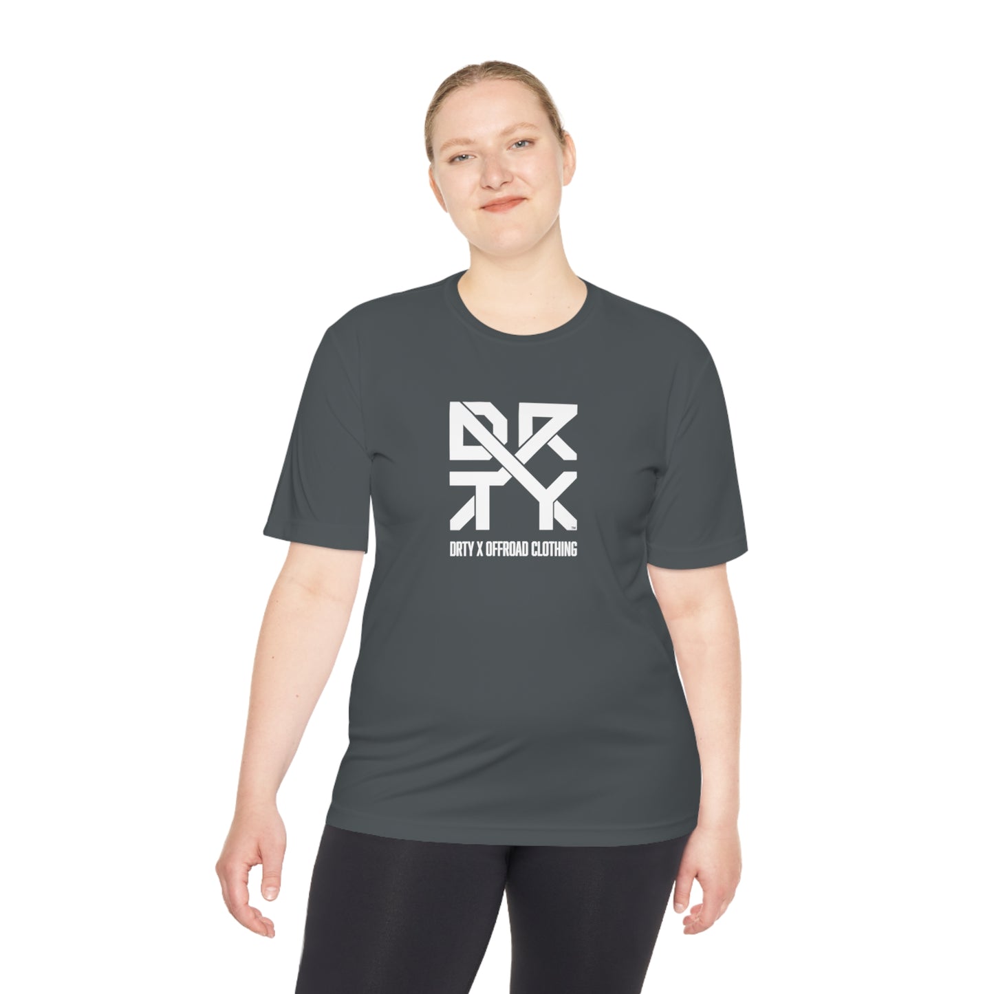 This image showcases the front view of a woman wearing a T-shirt with a large DRTY X Logo on the center of the shirt.