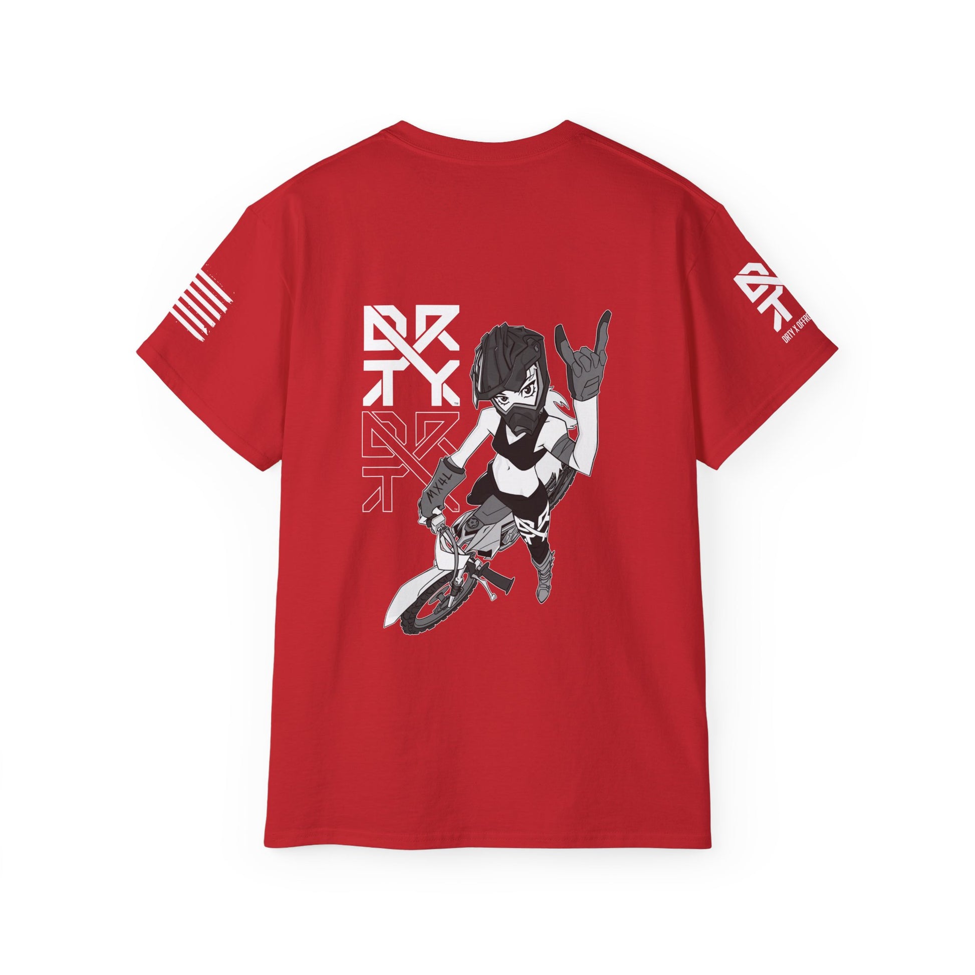 This image showcases a back view of a blue T Shirt with a motocross girl sitting on a dirt bike throwing up her horns with her left hand. The DRTY X Logo is to the left of the girl.