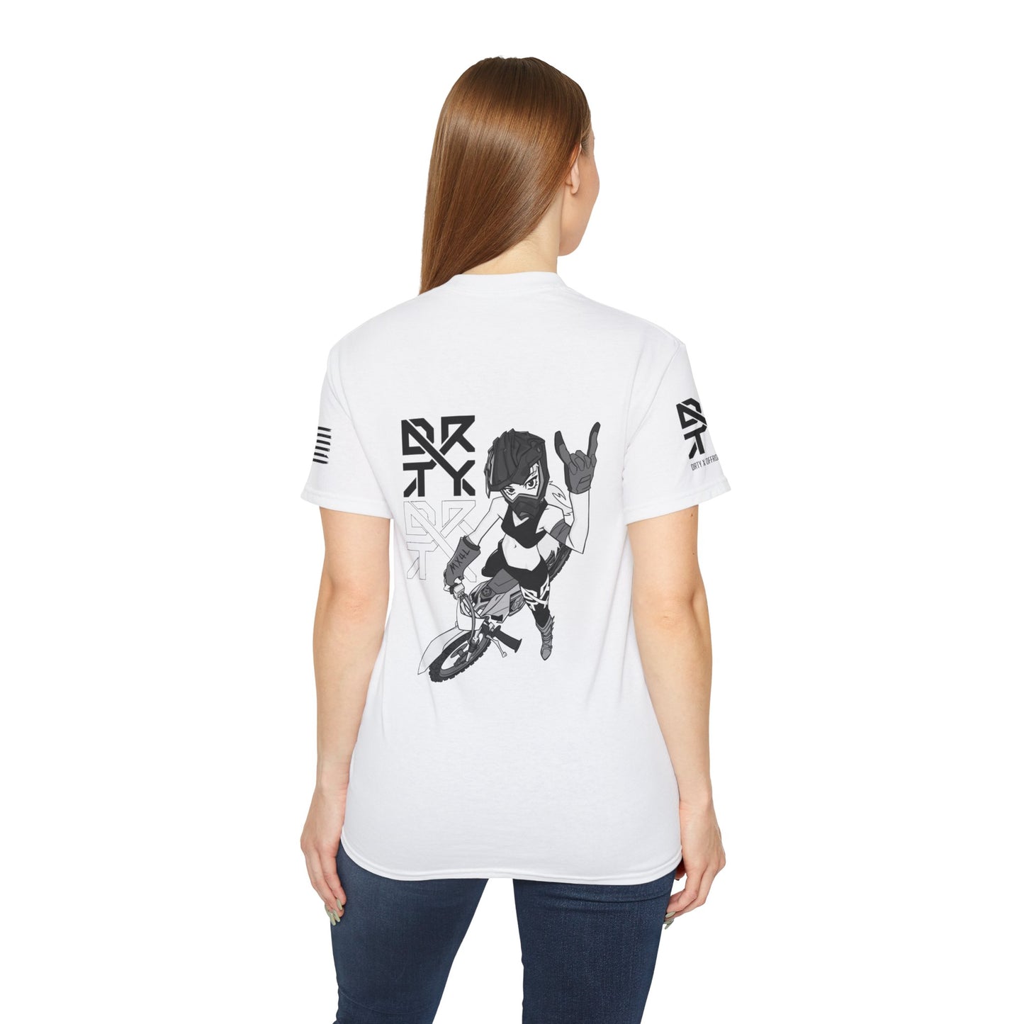 This image showcases the back view of a woman wearing a T-shirt with a motocross girl sitting on a dirt bike throwing up her horns with her left hand. The DRTY X Logo is to the left of the girl.